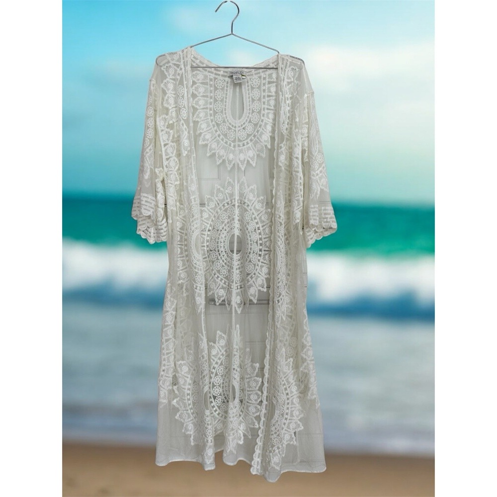 Rachel Zoe Lace Kimono Cardigan Cover Up White Open Front One Size Boho